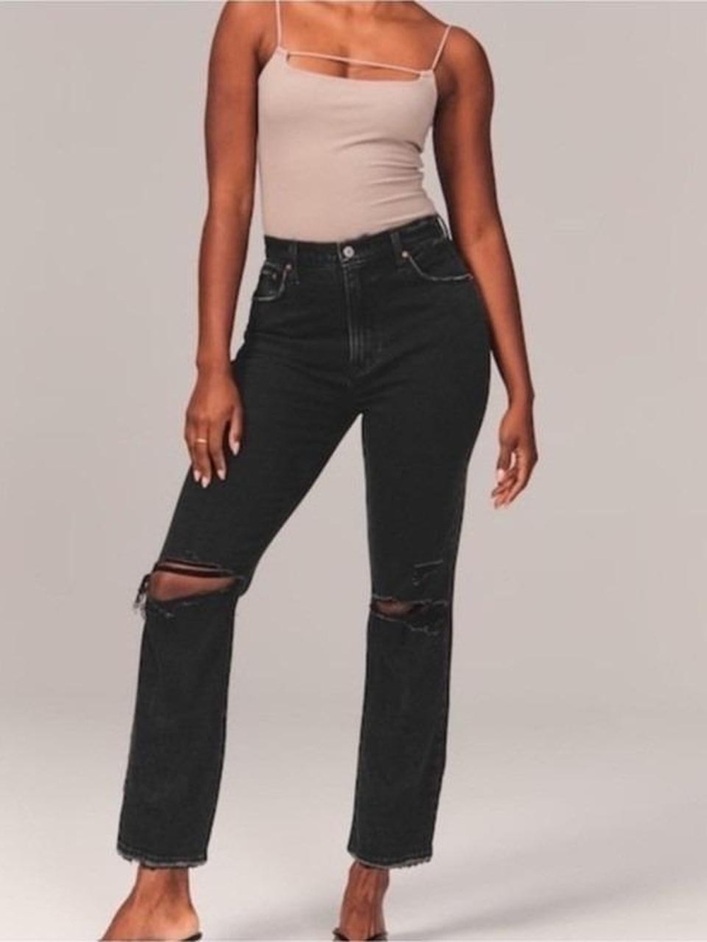 Abercrombie & Fitch Curve Love “The Ankle Straight” High Rise Black Ripped Jeans